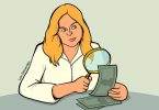 Woman examines whether money is real or fake with a magnifying glass as she learns how to win a sweepstakes contest (illustrated)