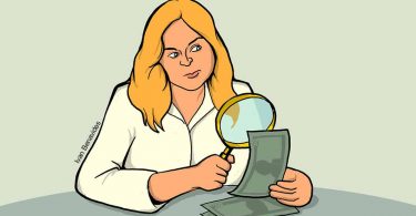 Woman examines whether money is real or fake with a magnifying glass as she learns how to win a sweepstakes contest (illustrated)