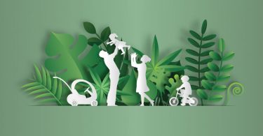 Paper art style of landscape with family enjoy fresh air in the park