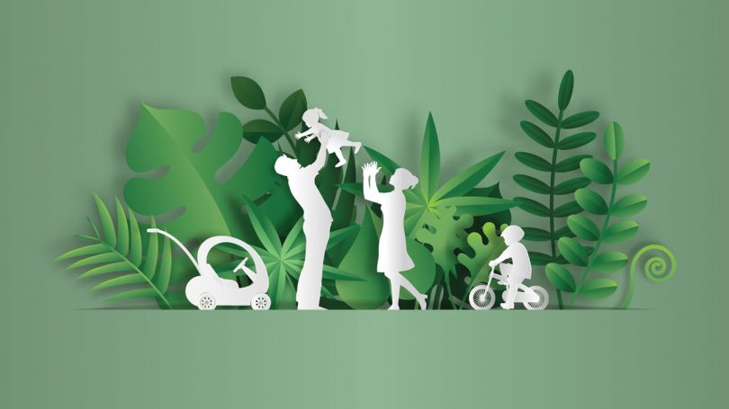 Paper art style of landscape with family enjoy fresh air in the park