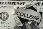 Paper headline with College text in torn dollar bill estudiar en la universidad
