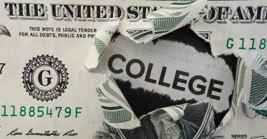 Paper headline with College text in torn dollar bill