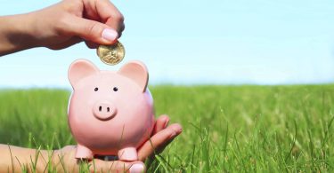 piggy bank being held in a green lawn