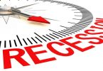 Recession word with red arrow on compass