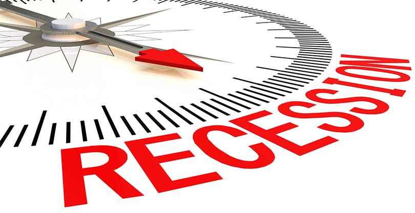 Recession word with red arrow on compass